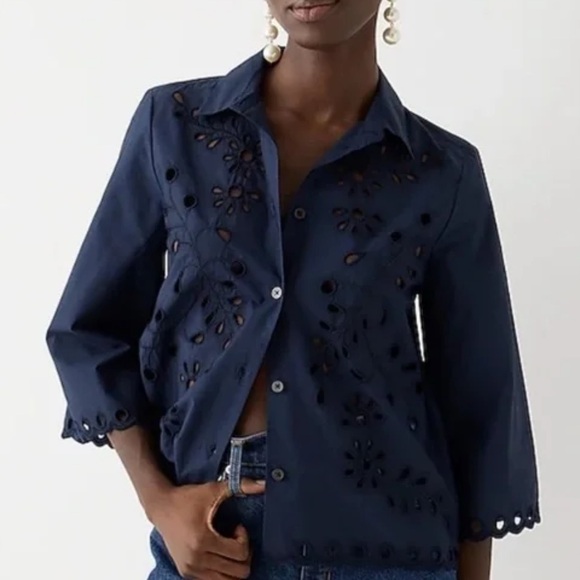 J Crew Collection Top Navy Blue Eyelet Button Blouse Cotton Poplin Shirt Sz M - Picture 1 of 14